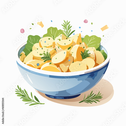 Stylized illustration of a fresh potato salad with rosemary and greens in a blue bowl.