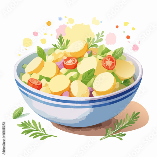 Vibrant illustration of a fresh potato salad with tomatoes and herbs in a blue-striped bowl.