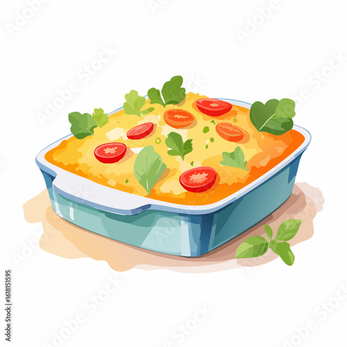 A delicious homemade casserole in a blue baking dish, garnished with sliced cherry tomatoes and fresh green herbs.