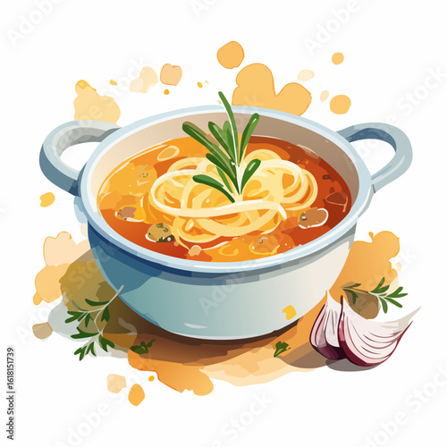 A stylized pot of hearty noodle soup with fresh rosemary garnish and garlic clove, in a watercolor illustration style.