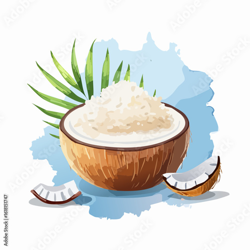 Watercolor illustration of a halved coconut filled with shredded flakes, with pieces and a palm leaf.