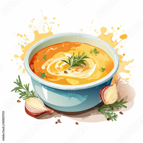 Stylized bowl of creamy pumpkin soup with fresh herbs, garlic, and a decorative cream swirl.