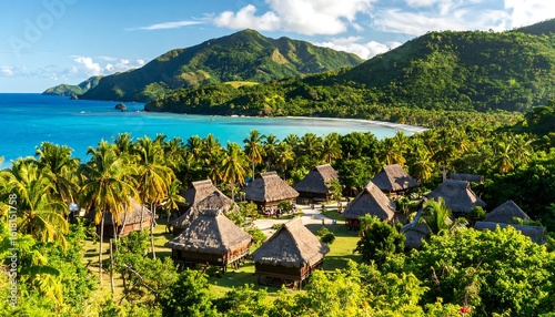 Tropical island village nestled by a bay