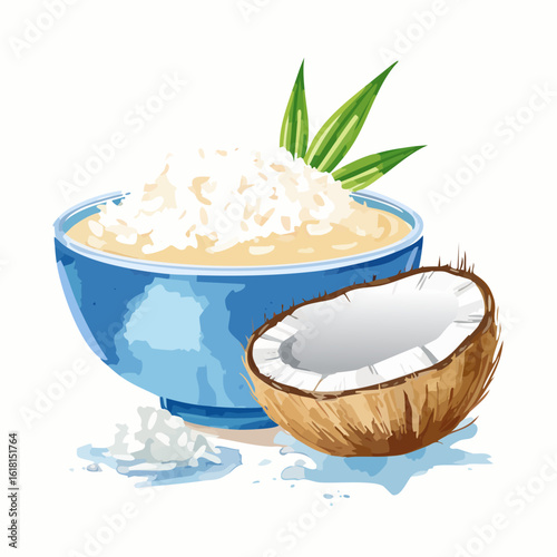 Watercolor illustration of coconut pudding in a blue bowl, topped with shredded flakes and garnished with green leaves, next to a halved coconut.