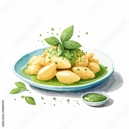 Plated potato gnocchi with vibrant green pesto sauce and fresh basil garnish.