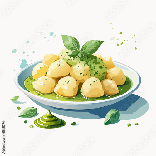 Delicious bowl of potato gnocchi with vibrant green pesto sauce, garnished with fresh basil leaves. Stylized food illustration.