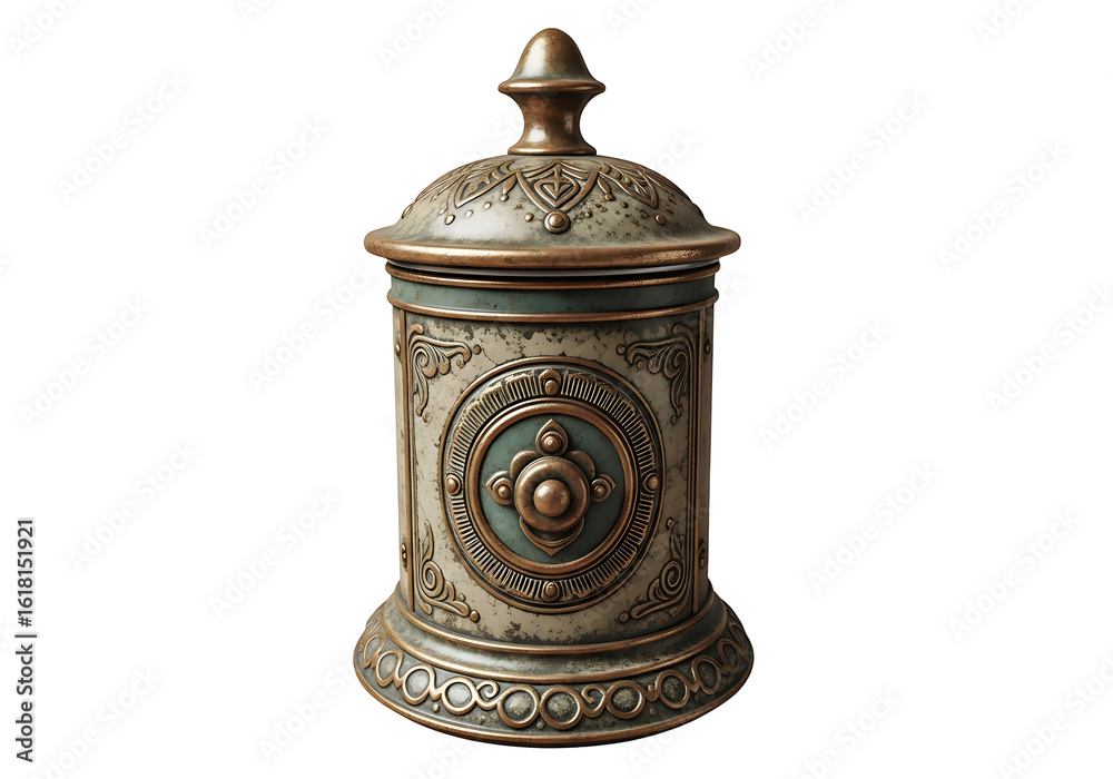 Ornate decorative canister with intricate design. Ornate decorative canister with intricate design.