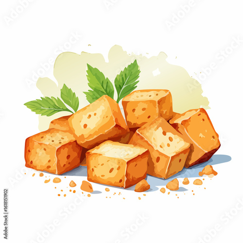 Stylized illustration of golden fried tofu cubes with fresh green herbs and crumbs.