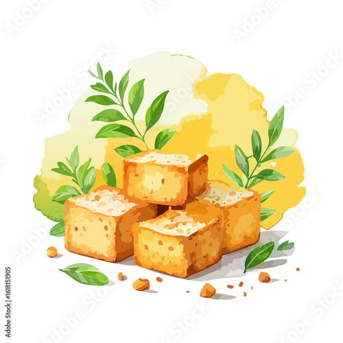 Golden fried tofu cubes stacked with fresh green leaves, watercolor style illustration.