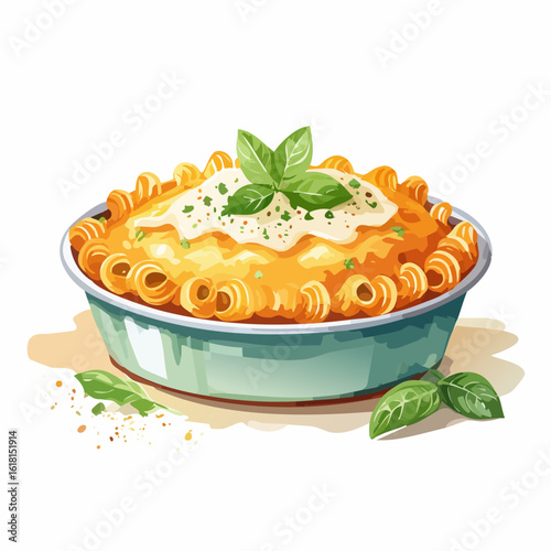 A delicious baked pasta casserole with creamy cheese sauce, garnished with fresh basil leaves in a stylized watercolor illustration.