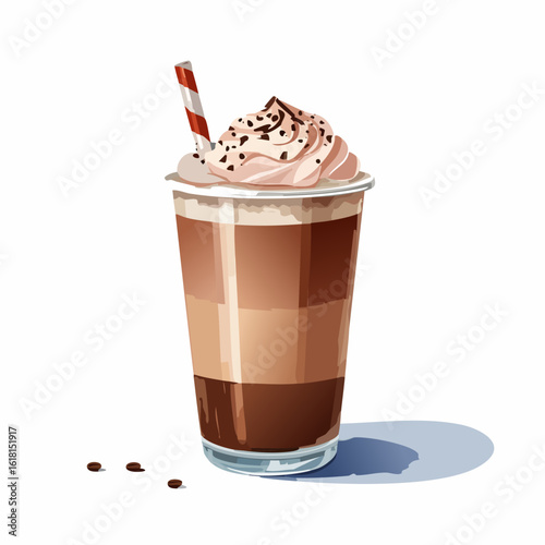 Layered iced coffee frappe in a clear cup with whipped cream and a red striped straw.