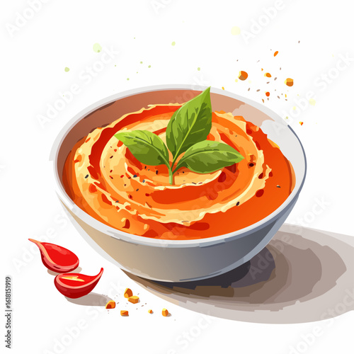A vibrant bowl of creamy swirled tomato soup, garnished with fresh basil leaves and spices, in a stylized illustration.