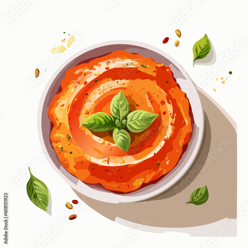 Creamy red tomato sauce in a white bowl, garnished with a fresh basil sprig.