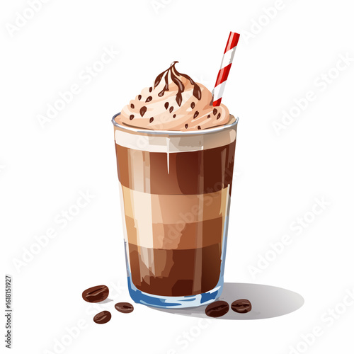 Layered iced coffee with whipped cream, chocolate drizzle, and a red and white striped straw.