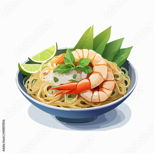Vibrant illustration of an Asian noodle bowl with a large shrimp, fresh basil, and lime wedges.