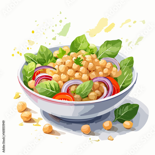 A fresh and healthy chickpea salad in a white bowl, with spinach, red onion, and tomato. Vector illustration style.