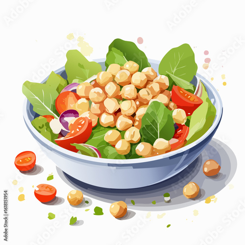 A fresh and healthy chickpea salad in a light blue bowl, with spinach, cherry tomatoes, and red onion, illustrated in a clean, modern style.