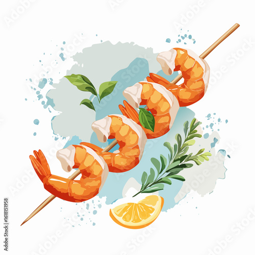 Appetizing grilled shrimp skewer with fresh basil, rosemary, and a lemon wedge.