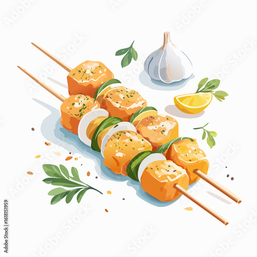 Illustrated grilled salmon kebabs with zucchini and onion, garnished with fresh herbs, garlic, and lemon.