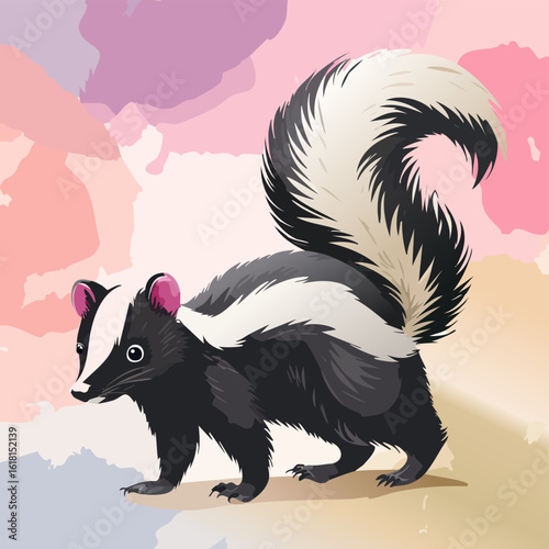 Cute striped skunk illustration with pink ears and a large, fluffy, arched tail.