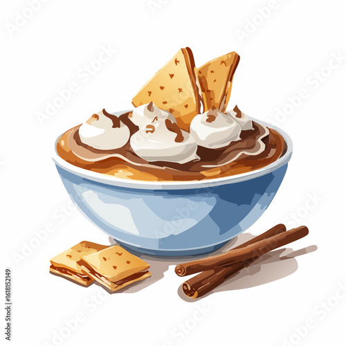 Illustrated bowl of chocolate s'mores dip with whipped cream, graham crackers, and cinnamon sticks.