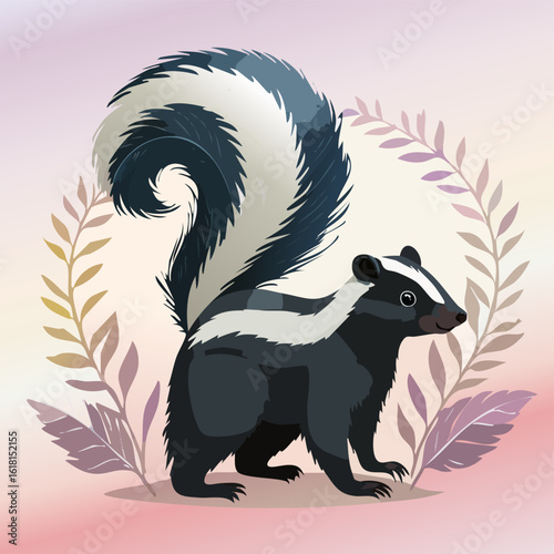Cute cartoon skunk with distinctive white stripes and a large, feathery tail.