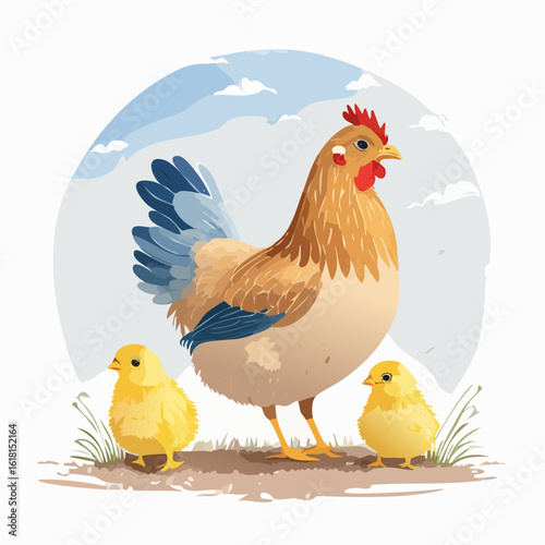 Stylized illustration of a mother hen with brown and blue feathers watching over two small yellow chicks.