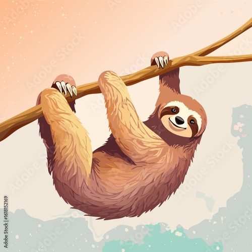 Illustrated happy brown sloth with shaggy fur and long claws hanging from a branch.