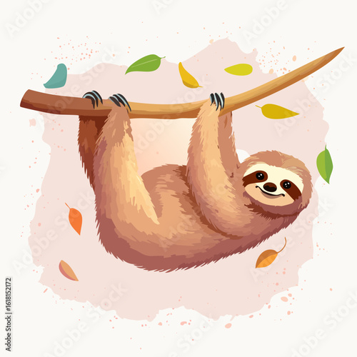 Adorable cartoon sloth with a happy smile and fluffy fur hanging from a tree branch.