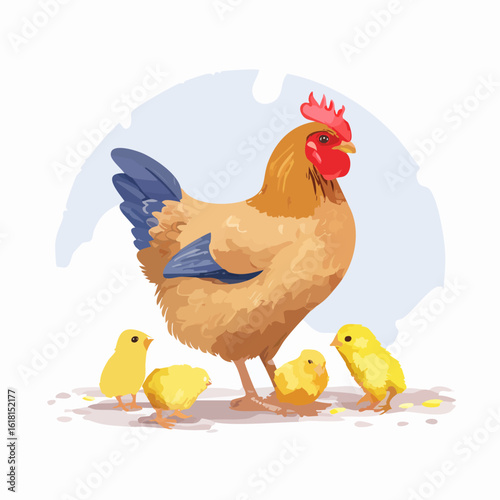 Mother hen with blue tail feathers surrounded by her four fluffy yellow baby chicks.