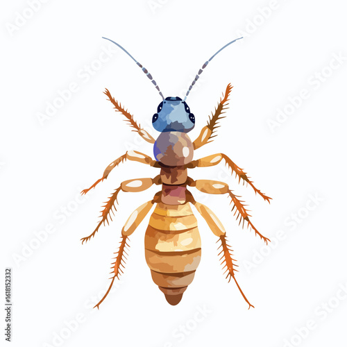 Stylized termite illustration with a unique blue head, segmented body, and long antennae.