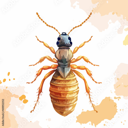 Stylized termite illustration with a blue-grey head, orange legs, and a large, segmented golden abdomen.