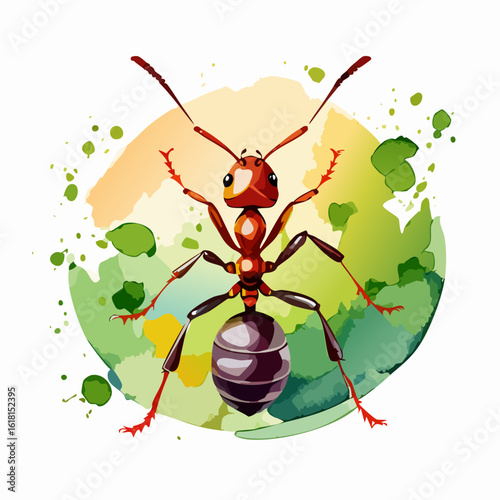Stylized red ant character illustration with large eyes and a friendly, symmetrical pose.