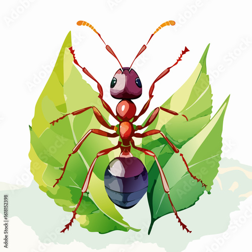 Stylized red ant with a shiny purple abdomen and large cartoon eyes on a green leaf.