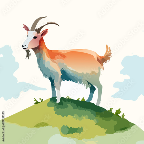 Majestic stylized goat with colorful orange and blue fur standing proudly on a green hill.