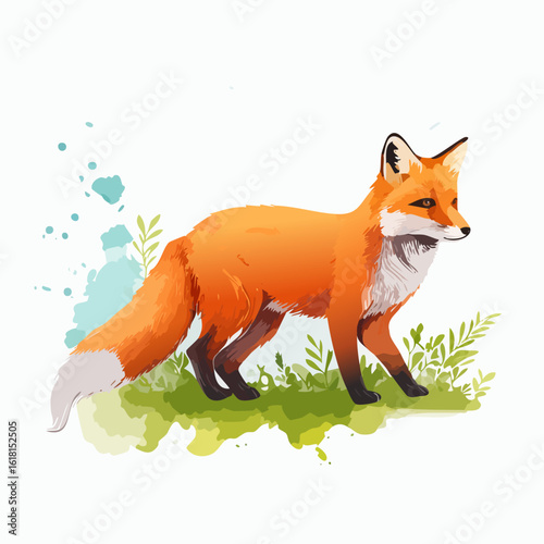 Vibrant red fox illustration with a bushy white-tipped tail and alert pose, rendered in a clean, modern watercolor style.