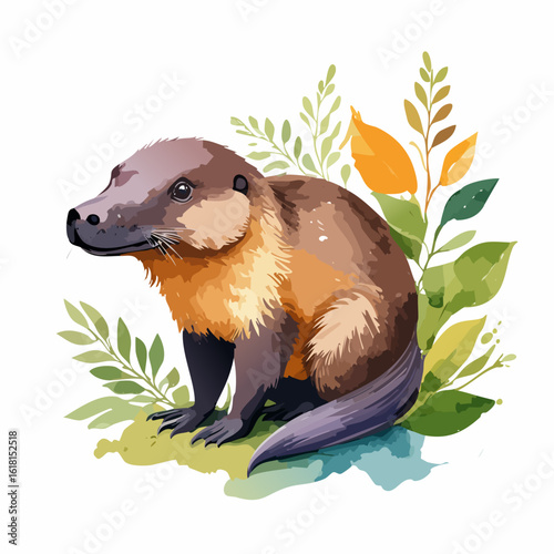 Charming watercolor illustration of a sitting beaver with brown and tan fur among leaves.
