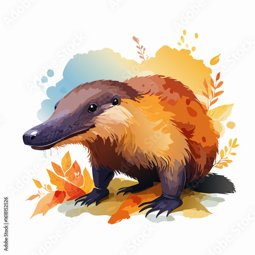A charming platypus with a dark bill and fluffy orange fur in a watercolor style.