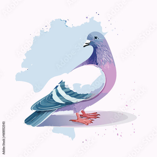 Colorful stylized rock dove standing in profile with purple and blue watercolor feathers.