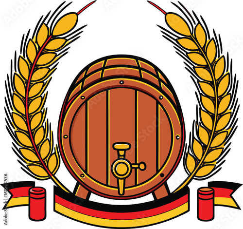 Wooden beer barrel with wheat stalks and german flag ribbon