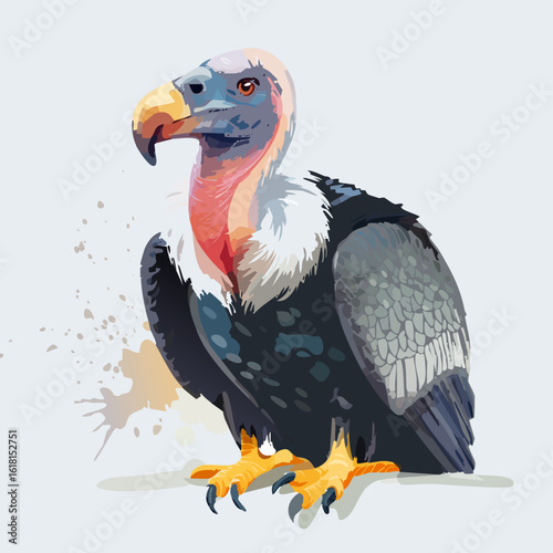 Stylized vector illustration of a standing vulture with a colorful bald head, hooked beak, and dark plumage.