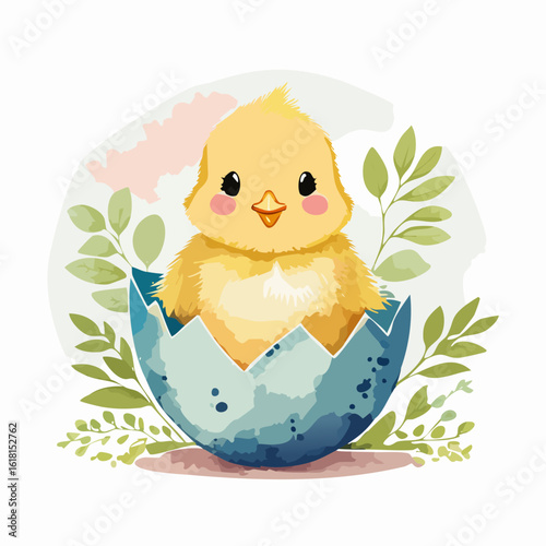 Adorable yellow baby chick with rosy cheeks hatching from a cracked blue egg, surrounded by green leaves.