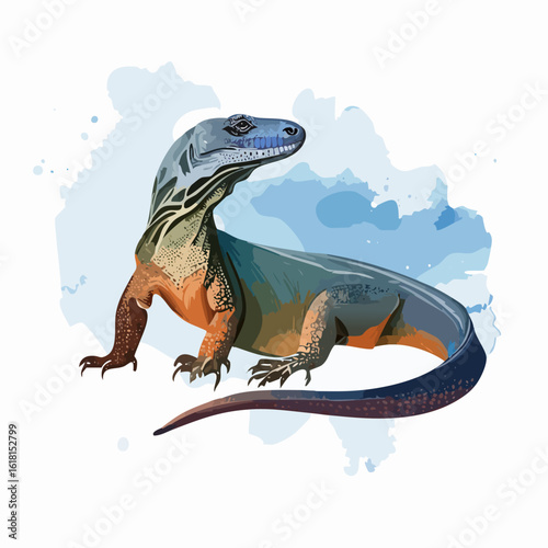 Artistic Komodo dragon illustration with vibrant blue and orange scaly skin.