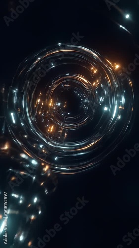 Abstract rings and tubes radiate light against a stark, dark background