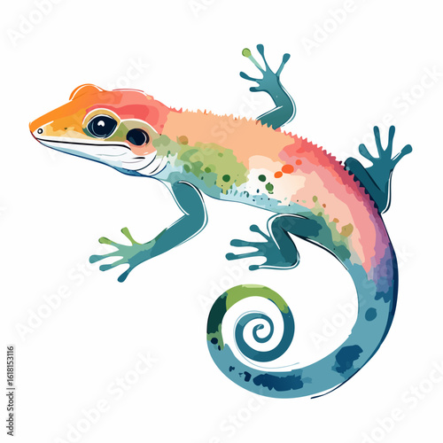 Vibrant watercolor gecko with a rainbow gradient, spiky back, and curled spiral tail.