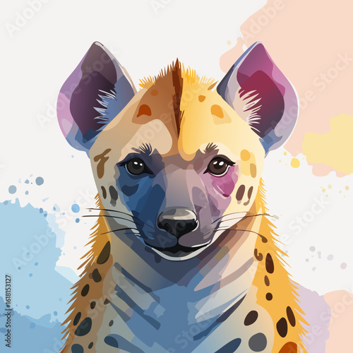 Colorful watercolor portrait of a spotted hyena with a direct, curious gaze.