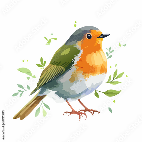 Stylized vector illustration of a European Robin with a vibrant orange breast and olive green wings.