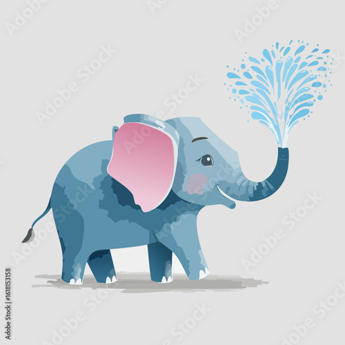 Happy blue cartoon elephant with pink ears spraying a fountain of water from its trunk.