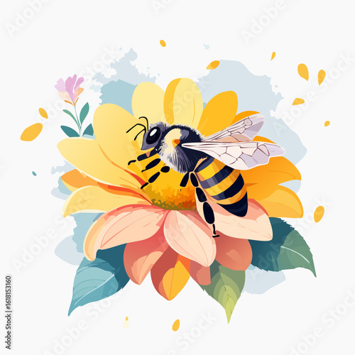 Stylized illustration of a fuzzy honeybee with translucent wings resting on a vibrant yellow and pink flower.
