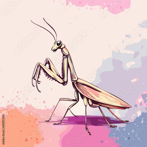 Stylized praying mantis illustration with detailed line art and pastel coloring in a classic pose.